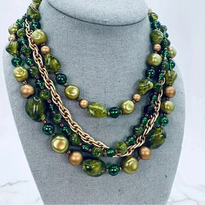 Vintage W. Germany Necklace Green Gold Beaded Multi Strand Graduated Sig…